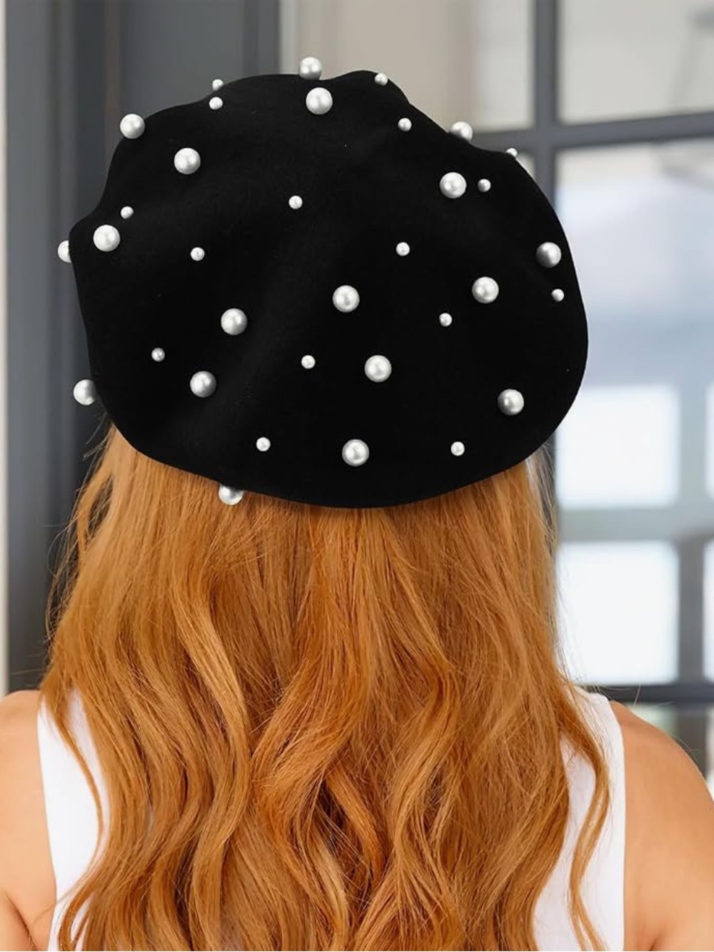 Black beret hat with pearl accents